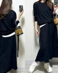 【2点セット】2WAY見えのパーカー + スカート セット 大人 カジュアル 秋 ゆったり ファッション 合わせやすい スウェット フレアスカート ID1737