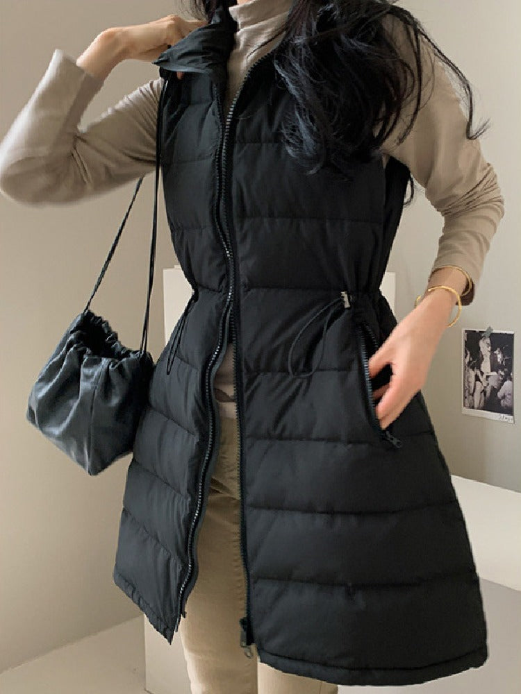 「年に一度の大放出」ロング ダウンベスト レディース 中綿ベスト ウエスト絞り デザイン 軽量 暖かい おしゃれ 通勤 カジュアル 秋冬 新作 ID2091