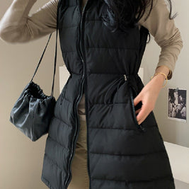 「年に一度の大放出」ロング ダウンベスト レディース 中綿ベスト ウエスト絞り デザイン 軽量 暖かい おしゃれ 通勤 カジュアル 秋冬 新作 ID2091
