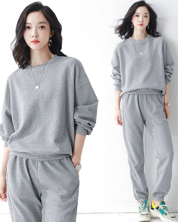 M〜4XL対応 ワッフル セットアップ レディース スウェット 上下セット トレーナー 長袖 + ジョガーパンツ ルームウェア カジュアル 外出可 ゆったり 体型カバー 楽ちん オシャレ スポーツウェア ID1712