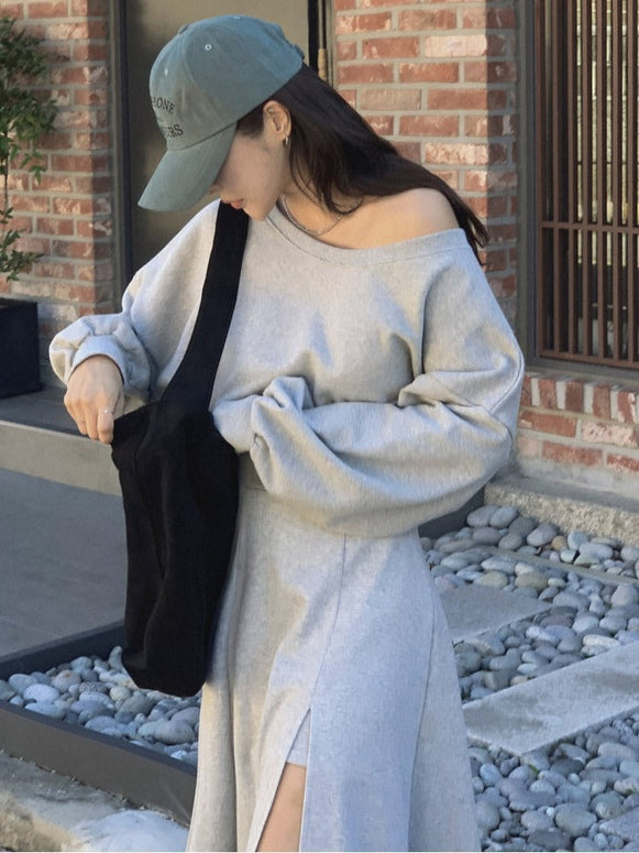 【単品販売】2WAYスウェット&ディープスリットフレアスカートSET オフショルダー スエット スリット ロング スカート ID1415