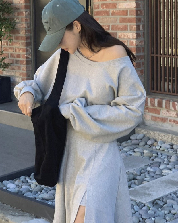 【単品販売】2WAYスウェット&ディープスリットフレアスカートSET オフショルダー スエット スリット ロング スカート ID1415