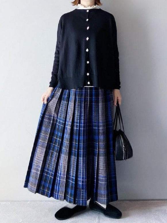 【2点セット】ラウンドネック 長袖 ネイビー 無地 ニット+ チェック柄 プリーツ スカート セットアップ fashion ootd 秋コーデ カジュアルコーデ ファッション 秋服 大人コーデ コーディネート 今日のコーデ  トレンドコーデ シンプルコーデ 着回しコーデ 大人カジュアルコーデ 大人可愛い 大人ファッション きれいめカジュアル ID1548