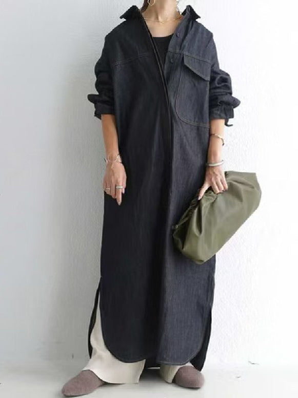 デニム シャツワンピース レディース ロング丈 長袖 カジュアル ゆったり 体型カバー 無地 重ね着風 羽織り おしゃれ 大人女子 シンプル ナチュラル 通勤 通学 デイリー 春秋冬 定番 人気 アイテム ID1690