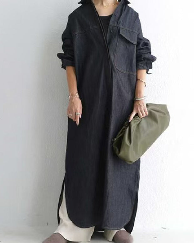 デニム シャツワンピース レディース ロング丈 長袖 カジュアル ゆったり 体型カバー 無地 重ね着風 羽織り おしゃれ 大人女子 シンプル ナチュラル 通勤 通学 デイリー 春秋冬 定番 人気 アイテム ID1690