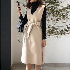 Vネック ノースリーブ ワンピース レディース ひざ丈 リボンベルト付き フェイクウール きれいめ 上品 通勤 オフィス カジュアル 体型カバー 秋冬 新作 人気 ID1872