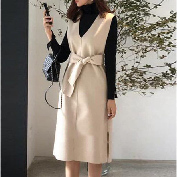 Vネック ノースリーブ ワンピース レディース ひざ丈 リボンベルト付き フェイクウール きれいめ 上品 通勤 オフィス カジュアル 体型カバー 秋冬 新作 人気 ID1872