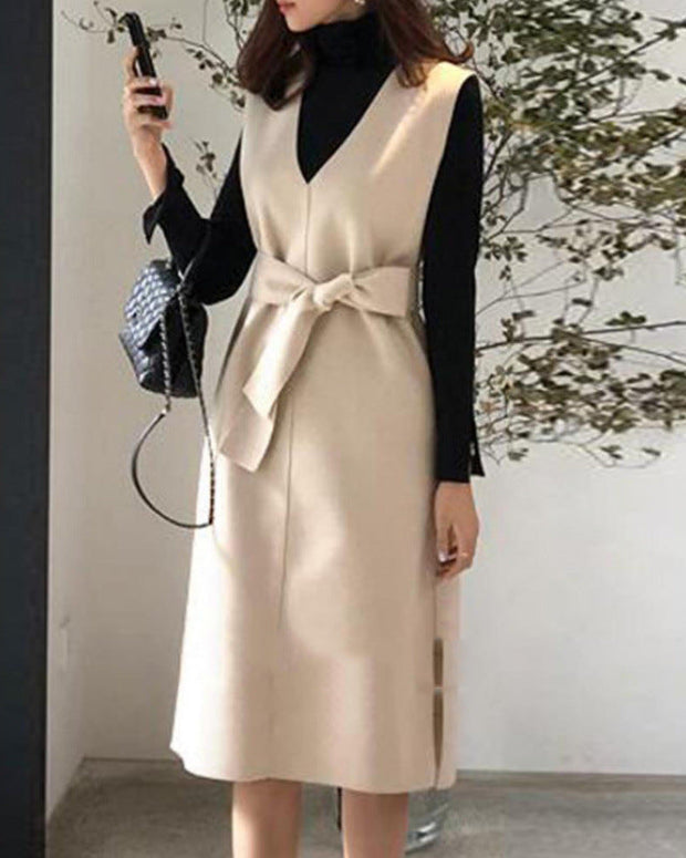 Vネック ノースリーブ ワンピース レディース ひざ丈 リボンベルト付き フェイクウール きれいめ 上品 通勤 オフィス カジュアル 体型カバー 秋冬 新作 人気 ID1872