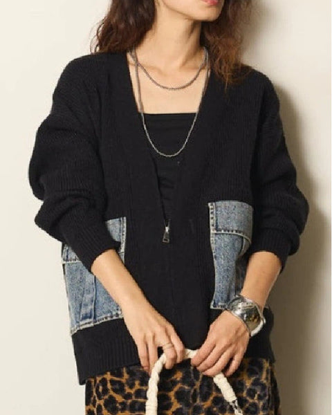 新作 Vネック ニット 拼接 デニム ゆったり アウター カーディガン トップス おしゃれ トレンド カジュアル デイリー 着心地 快適 素材 シルエット 大人 女性 ID2009