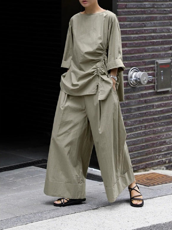 【ゆったり着心地】レディース 綿100% カジュアルセットアップ オーバーサイズシャツ+ワイドパンツ ハイウエスト ストレッチ 九分丈 春 夏 秋 通勤 ママ プチプラ 快適 吸汗 透け防止 ID1132