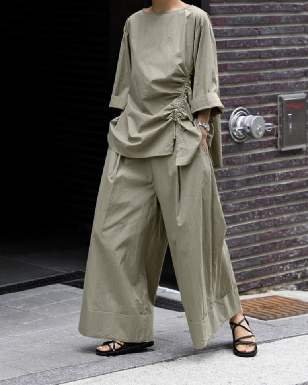 【ゆったり着心地】レディース 綿100% カジュアルセットアップ オーバーサイズシャツ+ワイドパンツ ハイウエスト ストレッチ 九分丈 春 夏 秋 通勤 ママ プチプラ 快適 吸汗 透け防止 ID1132