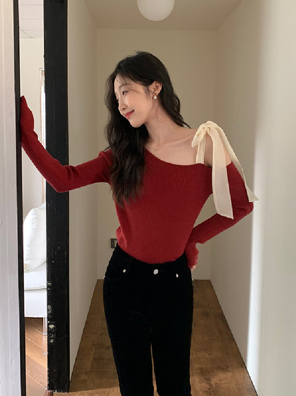リボン ワンショルダー ニット レディース 可愛い フェミニン 大人おしゃれ デートコーデ きれいめ トップス 細見え シンプル 赤 ニット ID2283