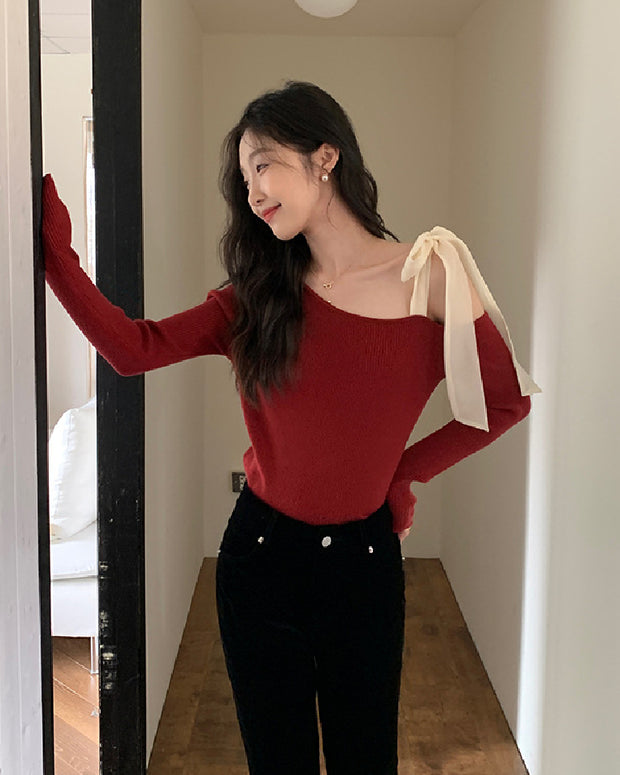 リボン ワンショルダー ニット レディース 可愛い フェミニン 大人おしゃれ デートコーデ きれいめ トップス 細見え シンプル 赤 ニット ID2283