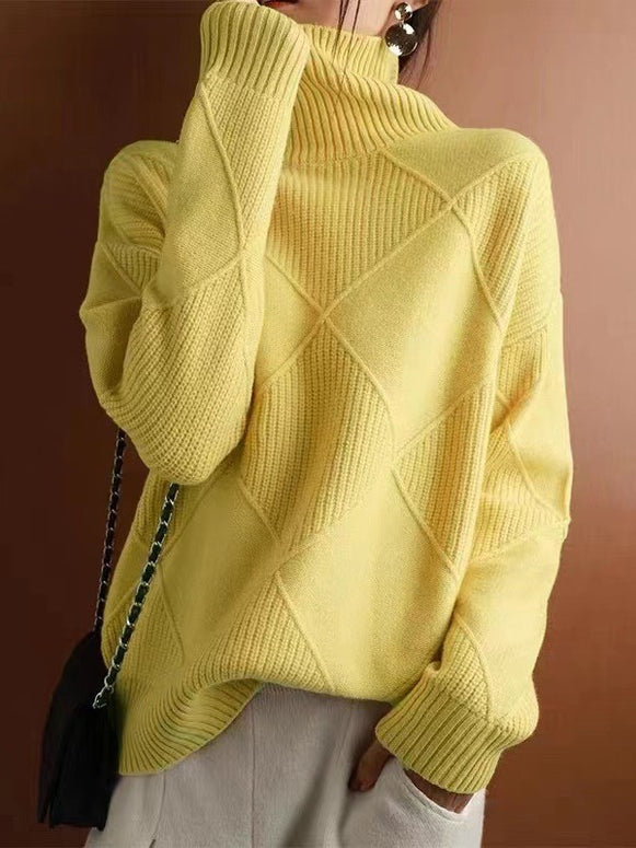 「今年最後の大チャンス」ハイネック ニット レディース 菱形 編み ゆったり 柔らかい シンプル 体型カバー 大人カジュアル 通勤 秋冬 新作 ID2146