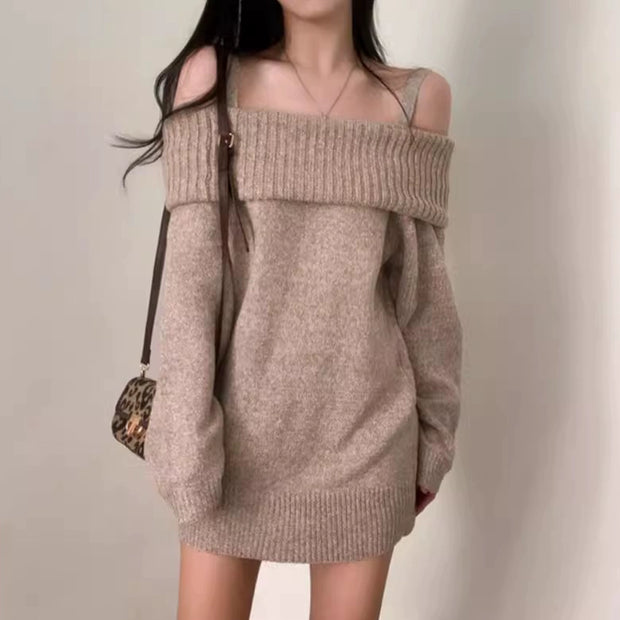 オフショルダー ニットワンピース レディース 一字肩 ミニ丈 体型カバー フェミニン 上品 長袖 ニットトップス ID2183