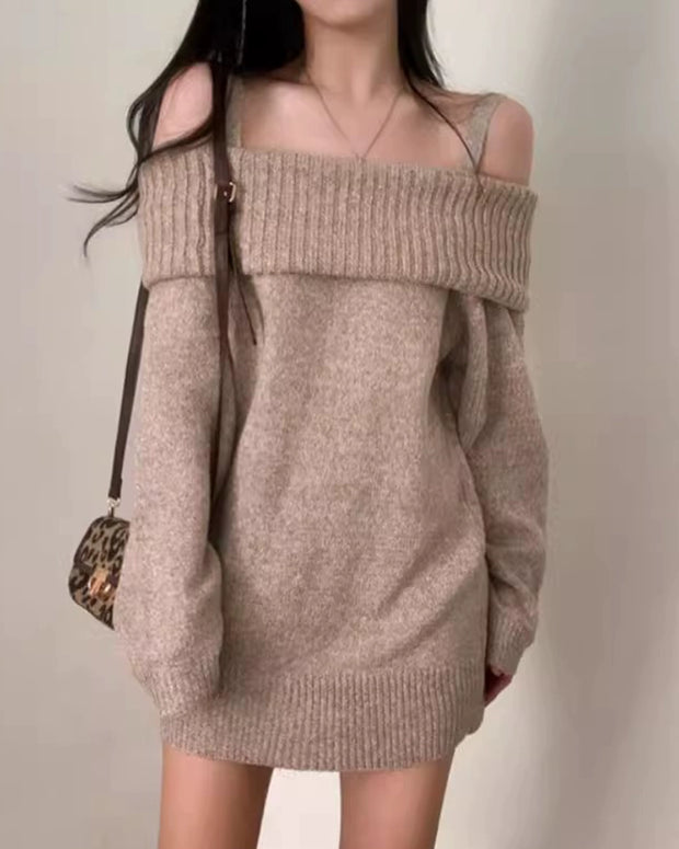 オフショルダー ニットワンピース レディース 一字肩 ミニ丈 体型カバー フェミニン 上品 長袖 ニットトップス ID2183