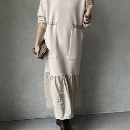 「今年最後の大チャンス」レイヤード風 ワンピース ゆったり シンプル 体型カバー 異素材切り替え ロング丈 大人カジュアル 秋冬 レディース ワンピース ID2245