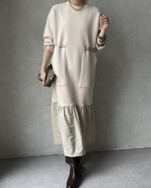 「今年最後の大チャンス」レイヤード風 ワンピース ゆったり シンプル 体型カバー 異素材切り替え ロング丈 大人カジュアル 秋冬 レディース ワンピース ID2245