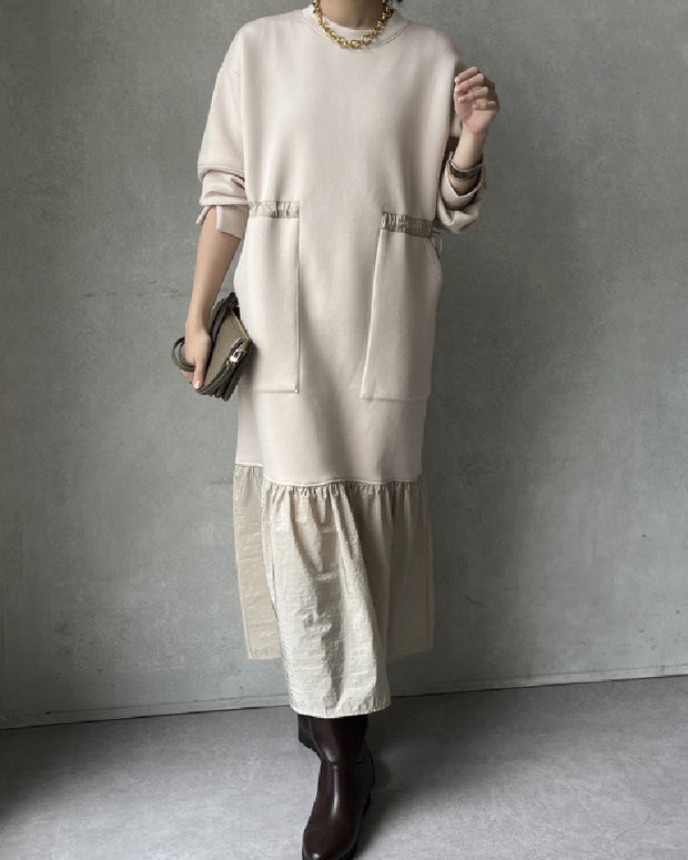 「今年最後の大チャンス」レイヤード風 ワンピース ゆったり シンプル 体型カバー 異素材切り替え ロング丈 大人カジュアル 秋冬 レディース ワンピース ID2245