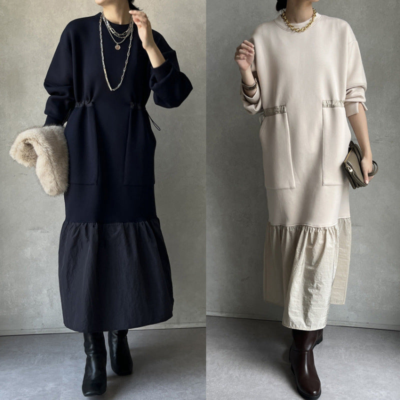 「今年最後の大チャンス」レイヤード風 ワンピース ゆったり シンプル 体型カバー 異素材切り替え ロング丈 大人カジュアル 秋冬 レディース ワンピース ID2245