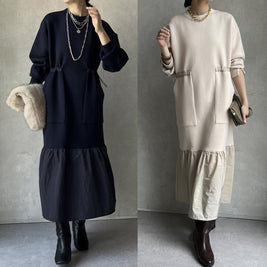 「今年最後の大チャンス」レイヤード風 ワンピース ゆったり シンプル 体型カバー 異素材切り替え ロング丈 大人カジュアル 秋冬 レディース ワンピース ID2245