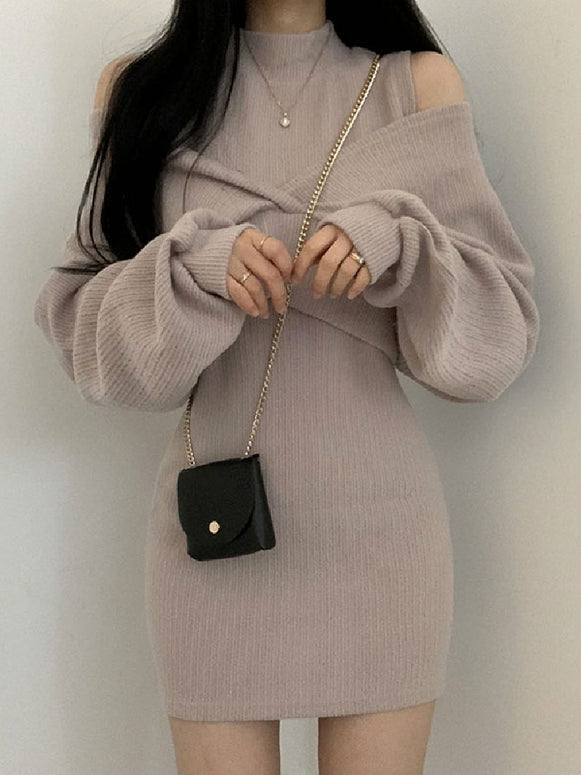 オフショルダー ニット＋タイト ワンピース セットアップ レディース きれいめ 大人可愛い 体型カバー デートコーデ 秋冬 新作 ID2264