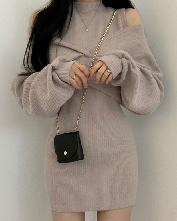 オフショルダー ニット＋タイト ワンピース セットアップ レディース きれいめ 大人可愛い 体型カバー デートコーデ 秋冬 新作 ID2264