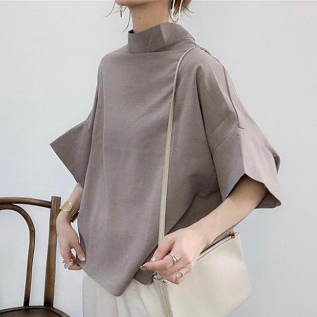 今季爆売れTシャツ！スタンドカラー バットスリーブ ゆったり五分袖 ビッグサイズ対応 夏の大ヒット作 2色展開 ID332