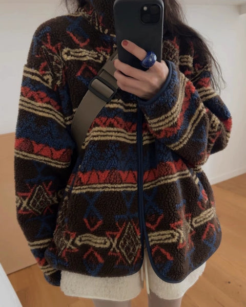 ネイティブ柄 ボア ジャケット レディース 暖かい ゆったり カジュアル アウター 秋冬 防寒 おしゃれ 体型カバー ID2278