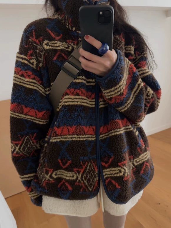 ネイティブ柄 ボア ジャケット レディース 暖かい ゆったり カジュアル アウター 秋冬 防寒 おしゃれ 体型カバー ID2278