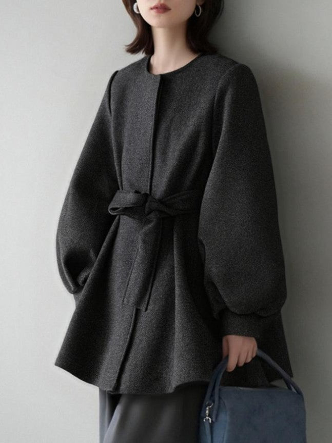 中綿コート ウールコート レディース ベルト付き 丸首 長袖 フレアシルエット 通勤 オフィス 上品 きれいめ 体型カバー 秋冬 新作 ID2078