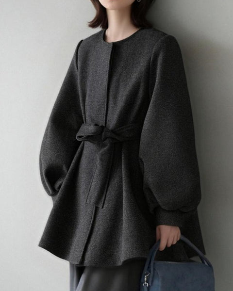 中綿コート ウールコート レディース ベルト付き 丸首 長袖 フレアシルエット 通勤 オフィス 上品 きれいめ 体型カバー 秋冬 新作 ID2078