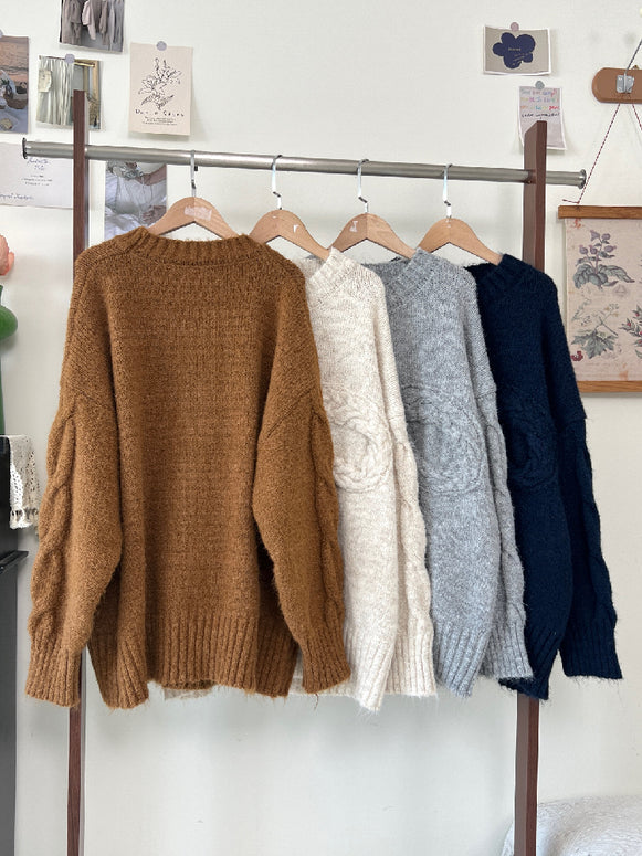 4色展開 厚手 ケーブルニット セーター レディース ゆったり かわいい 編み模様 デザインニット 体型カバー 暖かい 秋冬コーデ シンプル カジュアル 大人女子 デイリーに使える ふわもこ ニットトップス ID2319