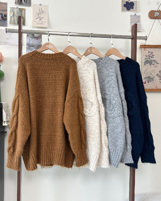 4色展開 厚手 ケーブルニット セーター レディース ゆったり かわいい 編み模様 デザインニット 体型カバー 暖かい 秋冬コーデ シンプル カジュアル 大人女子 デイリーに使える ふわもこ ニットトップス ID2319