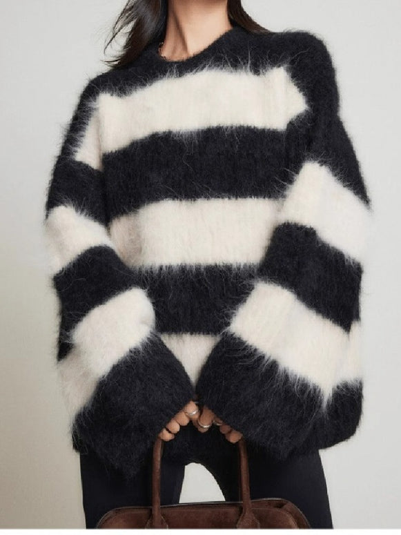 「年に一度の大放出」ストライプ ニット セーター  ボア糸 けし毛風 あったか 厚手 タートルネック ニットトップス 大きいサイズ 極暖 厚手 ボア ニット かわいい おしゃれ ルームウェア デイリー ID2093
