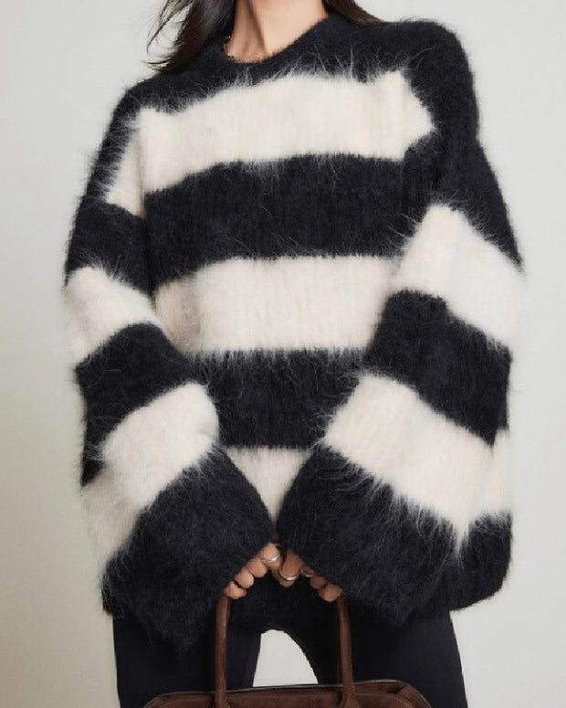 「年に一度の大放出」ストライプ ニット セーター  ボア糸 けし毛風 あったか 厚手 タートルネック ニットトップス 大きいサイズ 極暖 厚手 ボア ニット かわいい おしゃれ ルームウェア デイリー ID2093