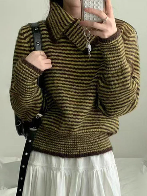 ボーダー タートルネック ニット レディース ゆったり ルーズフィット 長袖 暖かい 柔らかい 体型カバー レトロ カジュアル 秋冬 新作 ID2124