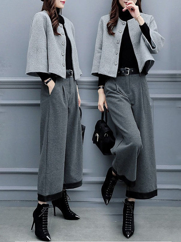 秋冬セットアップ レディース ジャケット＋ワイドパンツ 2点セット 毛混 通勤 OL きれいめ フォーマル 大人 上品 体型カバー 入園式 卒業式 セレモニー ID1713