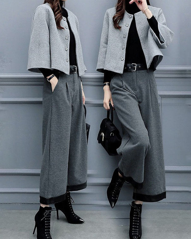 秋冬セットアップ レディース ジャケット＋ワイドパンツ 2点セット 毛混 通勤 OL きれいめ フォーマル 大人 上品 体型カバー 入園式 卒業式 セレモニー ID1713