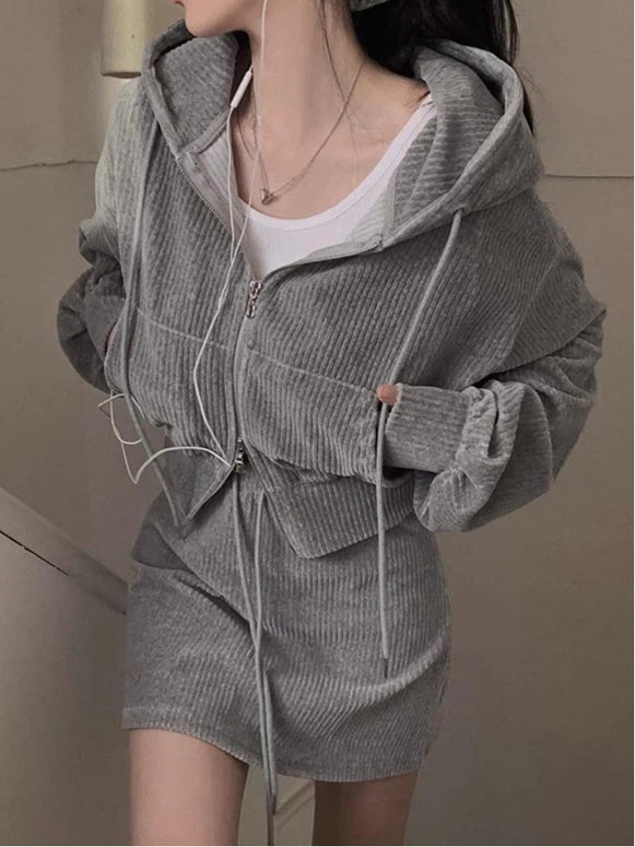 2点セット フード付き コーデュロイ ジップアップ アウター ハイウエスト スカート セットアップ カジュアル きれいめ 大人可愛い 体型カバー 韓国風 デイリー おしゃれ ID2188