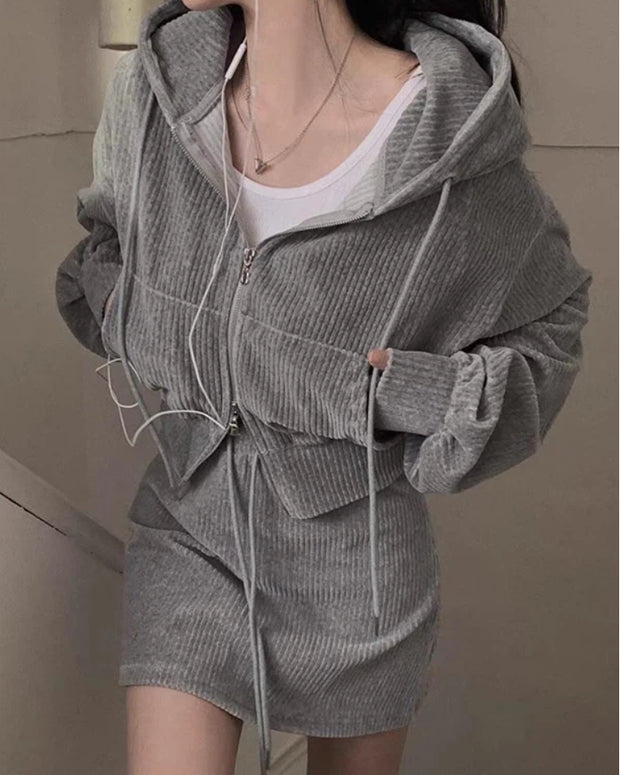 2点セット フード付き コーデュロイ ジップアップ アウター ハイウエスト スカート セットアップ カジュアル きれいめ 大人可愛い 体型カバー 韓国風 デイリー おしゃれ ID2188