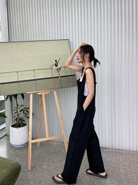 【376】アイスシルク素材 キャミサロペット レディース ワイドパンツ オールインワン 涼感 ゆったり 体型カバー 薄手 楽ちん カジュアル ロング丈