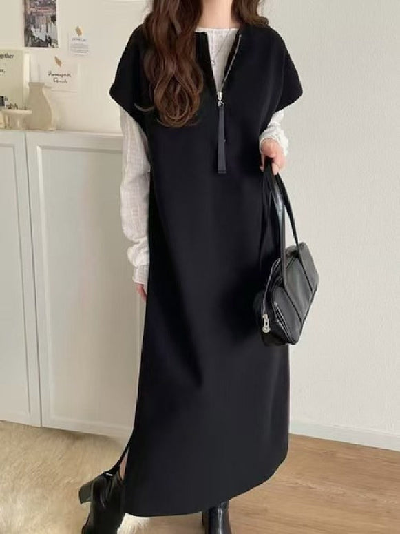 ワンピース レディース 前後 2way フェイク ウール 素材 ハーフ　ジップ ワンピ オーバーサイズ ロングシーズン 裾 スリット ID1704