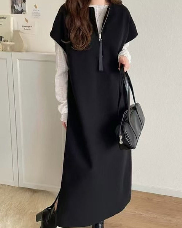 ワンピース レディース 前後 2way フェイク ウール 素材 ハーフ　ジップ ワンピ オーバーサイズ ロングシーズン 裾 スリット ID1704