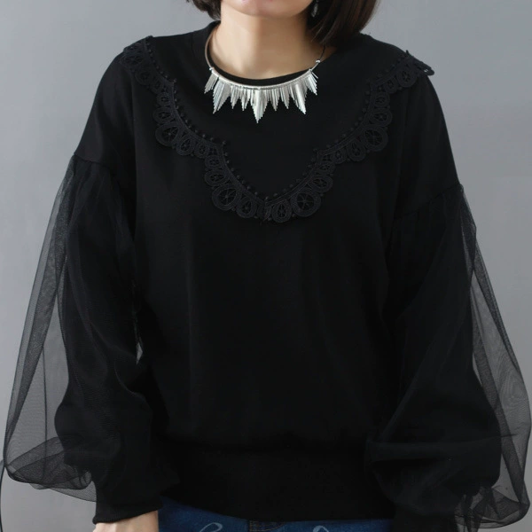 ID79 Sweat Tops Round Neck Puff Sleeve Lace Pince Mesh Loose Fit Soft Comfortable Simple Elegant Design Casual Fashion 