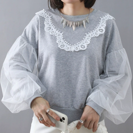 ID79 Sweat Tops Round Neck Puff Sleeve Lace Pince Mesh Loose Fit Soft Comfortable Simple Elegant Design Casual Fashion 