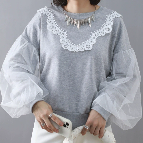 ID79 Sweat Tops Round Neck Puff Sleeve Lace Pince Mesh Loose Fit Soft Comfortable Simple Elegant Design Casual Fashion 