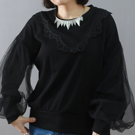 ID79 Sweat Tops Round Neck Puff Sleeve Lace Pince Mesh Loose Fit Soft Comfortable Simple Elegant Design Casual Fashion 