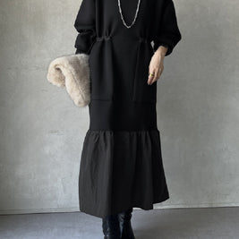 「今年最後の大チャンス」レイヤード風 ワンピース ゆったり シンプル 体型カバー 異素材切り替え ロング丈 大人カジュアル 秋冬 レディース ワンピース ID2245