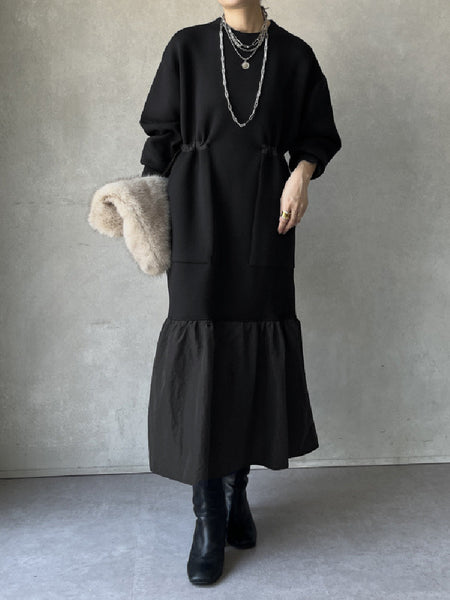 「今年最後の大チャンス」レイヤード風 ワンピース ゆったり シンプル 体型カバー 異素材切り替え ロング丈 大人カジュアル 秋冬 レディース ワンピース ID2245